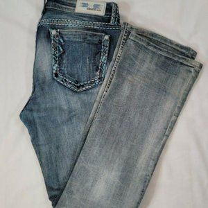 Grace in LA Embellished Pockets Teal/White Stitch Womens Jeans Sz32 (33x33)